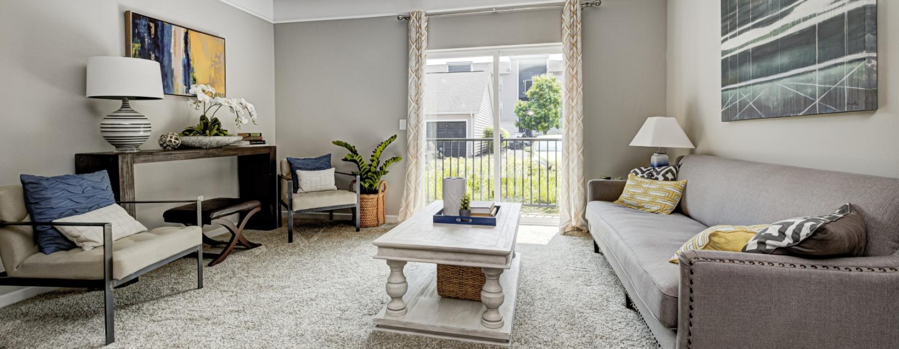 a living room with a large window
